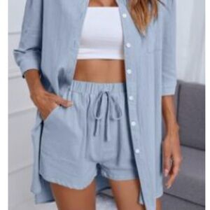 Light Blue Button-Up Shirt and Shorts Set